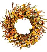 idyllic 20 Inches Harvest Wreath, Yellow and Orange Daisies Flowers, Ear of Wheat, Green and Spri...