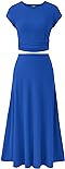 BTFBM Women Two Piece Skirt Set Casual Ribbed Knit Crew Neck Short Sleeve Cropped Top Elastic Waist Swing Midi Skirts(Solid Blue, Small)