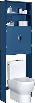 Image of Yaheetech Over The Toilet Storage, Taller Bathroom Organizer Space-Saving Storage Cabinet with Adjustable Shelves and Double Doors, 77 in H, Navy Blue