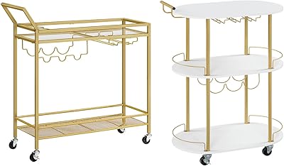 HOOBRO Bar Cart for The Home and Bar Cart Gold, 2-Tier Kitchen Cart with Wine Rack and Glass Holder, 3-Tier Home Bar Serving Cart, for Dining Room, Living Room, Party GD11TC01-DW60TC01