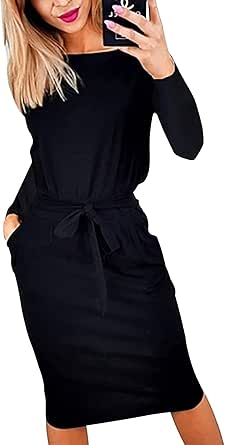 PRETTYGARDEN Womens Casual Long Sleeve Belted Sheath Pencil Dress