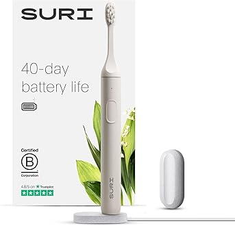 Image of SURI Sustainable Sonic Toothbrush - Electric Toothbrush for Adults - Slim and Powerful Travel Toothbrush - Recyclable Plant-Based Head, 2 Modes, Mirror-Mount, and Charging Stand