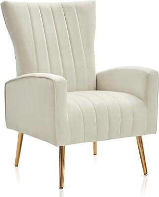 BELLEZE Velvet Accent Chairs for Living Room, Modern Wingback Vanity Chair Upholstered Arm Chair High Back Accent Chair with Metal Legs, Armrests for Living Room Bedroom- Kinsley (White)