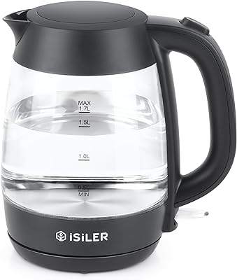 iSiLER 1500W Electric Kettle, 1.7 L Electric Tea Kettle with LED Indicator, Cordless Electric Glass Hot Water Boiler, Portable Teapot Heater Auto Shut-Off & Boil-Dry Protection BPA-Free Black