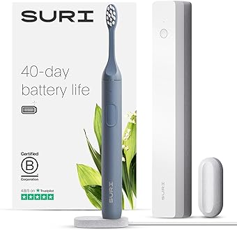 Image of SURI Sustainable Sonic Toothbrush - Electric Toothbrush for Adults - Slim and Powerful Travel Toothbrush with UV Cleaning Case - Recyclable Plant-Based Head, 2 Modes, Mirror-Mount, and Charging Stand