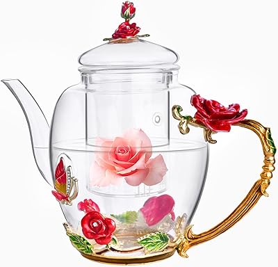 Enamel Glass Flower Tea Pot With Removable Loose Tea Leaf Infuser Tea Maker Teapot Set 30.4OZ Gifts for Women,Mom,Birthday