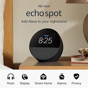 All-new Amazon Echo Spot (2024 release), Smart alarm clock with vibrant sound + Alexa, Black