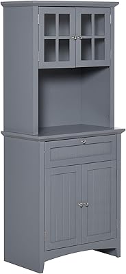 HOMCOM Elegant Buffet with Hutch, Kitchen Pantry Storage Cabinet with Framed Glass Door Drawer and Microwave Space, Grey