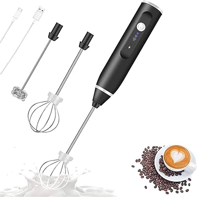 Milk Frother Handheld, Immersion Blender Cordlesss Foam Maker USB Rechargeable Small Mixer with 2 Stainless Whisks，Wisker for Stirring 3-Speed Adjustable Mini Frother for Cappuccino Latte Coffee Egg