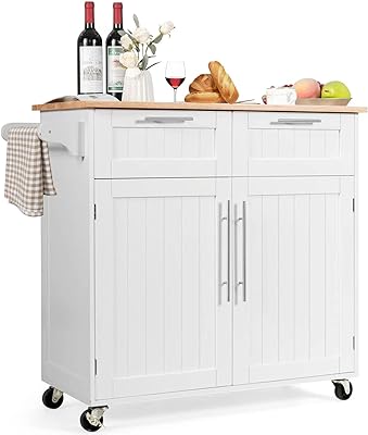 Topment Rolling Kitchen Island Cart Storage Trolley Multipurpose Serving Cart with Storage,Lockable Wheels,Towel Rack and Rubber Wood Top(White)
