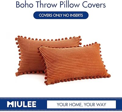 MIULEE Fall Boho Decorative Throw Pillow Covers with Pom-poms, Soft Corduroy Solid Lumbar Cushion Cases for Couch Sofa Bedroom, 12x20 inch Rust