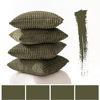 MIULEE Pack of 4 Olive Green Corduroy Decorative Throw Pillow Covers 18x18 Inch Soft Boho Striped Pillow Covers Modern Farmhouse Home Decor for Sofa Living Room Couch Bed