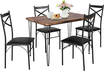 VECELO 5 Piece Kitchen Room Chairs Set for Dinette, Breakfast Nook, Farmhouse, Small Space, Dining Table for 4, Rustic Brown