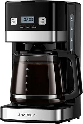 SHARDOR Programmable Coffee Maker, 12-Cup Drip Coffee Machine with Glass Carafe, Regular & Strong Brew, Pause & Serve for Home and Office, Black