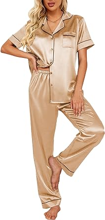 Ekouaer Silk Satin Pajamas Set Women Short Sleeve Sleepwear Soft Button Down Loungewear Pjs Set