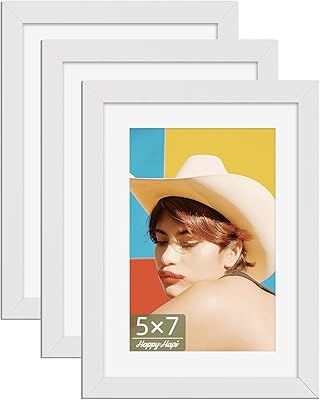 HappyHapi 5x7 Picture Frames, 3 Pack Photo Frames, Display Pictures 5x7 without Mat or 4x6 with Mat, Wall Hanging Photo Frame or Tabletop Display (White)