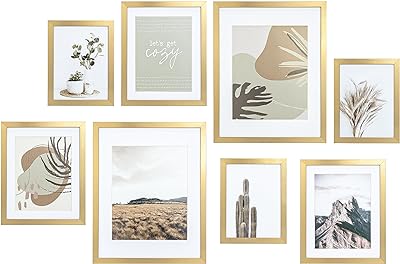 ArtbyHannah 8 Pack Modern Gallery Wall Frame Set, Gold Picture Frames Collage Wall Decor for Home Decoration, Multi-Size 11x14 x2,8x10 x3,6x8 x3