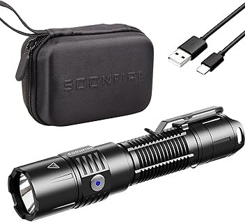 Image of soonfire MX75 Ultra Bright Tactical Flashlight with Battery, USB C Fast Charging Rechargeable Flashlights, Powered by Customized Battery, Long Run Time for Emergency, EDC and Searching