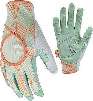 Image of Digz Signature High Performance Women's Gardening Gloves With Touchscreen Capable Fingertips, Orange Leaves Pattern, Small