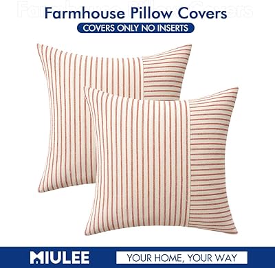 MIULEE Red and Beige Patchwork Farmhouse Pillow Covers 18x18 Inch, Pack of 2 Striped Linen Decorative Modern Accent Pillow Cases for Sofa Couch Bedroom