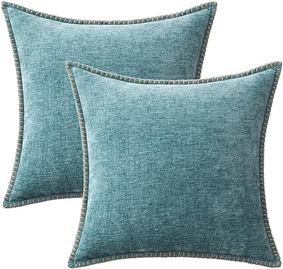 MIULEE Pack of 2 Couch Throw Pillow Covers 18x18 Inch Smoke Blue Farmhouse Decorative Pillow Covers with Stitched Edge Soft Chenille Solid Dyed Spring Pillow Covers for Sofa Bed Living Room