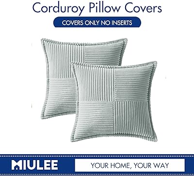 MIULEE Corduroy Pillow Covers with Splicing Set of 2 Super Soft Couch Pillow Covers Broadside Striped Decorative Textured Throw Pillows for Spring Cushion Bed Livingroom 18x18 inch, Greyish Green