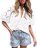 PRETTYGARDEN Women's Summer Tops Dressy Casual Short Lantern Sleeve V Neck Buttons Hollow Out Lace Embroidered Blouses Shirts (White,Medium)