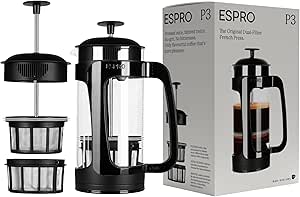 ESPRO - P3 French Press - Double Micro-Filtered Coffee and Tea Maker, Grit-Free and Bitterness-Free Brews, Ideal for Loose Tea and Coffee Grounds - (Black, 32 Oz)