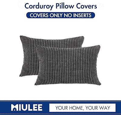 MIULEE Pack of 2 Lumbar Pillow Covers Super Soft Corduroy Decorative Throw Pillows Grey Couch Home Decor for Cushion Sofa Bedroom Living Room 12 x 20 Inch