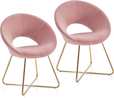 BELLEZE Velvet Modern Accent Chair Vanity Chair Set of 2, Comfy Makeup Chair with Back Living Room Chair, Upholstered Dining Chairs Leisure Armchair with Golden Metal Legs - Ezra (Pink)