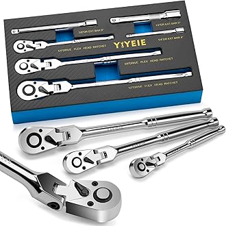 Image of YIYEIE 6-Piece Flex Head Ratchet Set, 1/4", 3/8", 1/2" Drive, Swivel Head Ratchet Wrench with Extension Bar, 72 Tooth, 180° Adjustable, Quick-Release, Flexible Ratchet Handle with EVA Foam