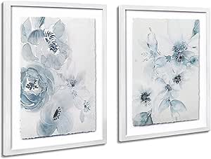 ArtbyHannah Framed Bathroom Wall Art, 12x16 Botanical Wall Art with Blue Watercolor Flowers Deckled Edge Print for Bedroom, White Frames, 2 Pack