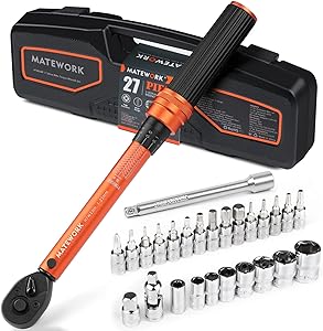 1/4 Inch Drive Click Torque Wrench, 27 PCS Bike Torque Wrench Set Double Scale (1-25Nm/8.9-221.3lb.in), 0.1Nm High Precision with Bit Sockets, 3/8 Adapter, Extension Bar, for Bicycle Maintenance