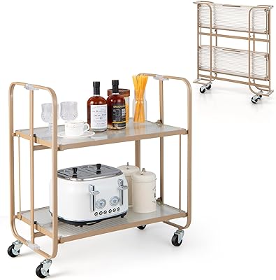 LOKO 2-Tier Foldable Bar Cart on Wheels, Mobile Home Bar & Serving Cart with Tempered Glass Shelf, Rolling Kitchen Island Cart with Powder-Coated Metal Frame, for Dining Room Living Room, Rose Gold