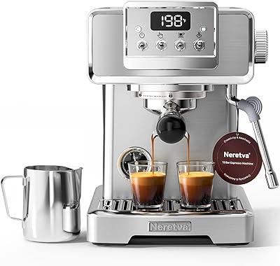 Neretva Espresso Machine, 15 Bar LCD Display Espresso Maker Manual&Auto Mode Stainless Steel Espresso Coffee Machines with 60oz Water Tank&Milk Frother for Home Barista, Latte and Cappuccino Machine