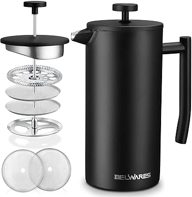 Belwares French Press Coffee Maker 50 OZ - Large Insulated Stainless Steel 304 Coffee Press with Double Wall & 4-Level Filtration System (Black) (1.5L)