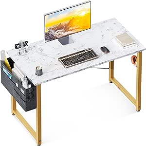 ODK Computer Desk, 40 Inch Small Study Desk, Office Desk with Storage, Work Table with Headphone Hook for Small Space Home Office, White Marble + Gold Leg