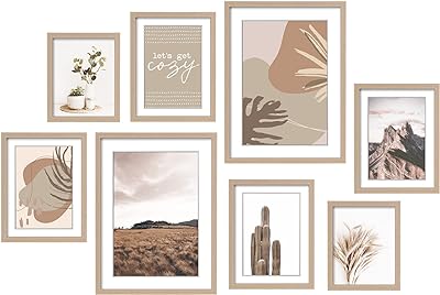 ArtbyHannah 8-Pack Neutral Gallery Wall Frame Set with Decorative Art Prints, Picture Frames for Collage, Art Decor with Assorted Size 11x14 x2pcs, 8x10 x3pcs, 6x8 x3pcs