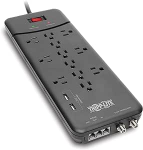 Tripp Lite TLP128TTUSBB 12 Outlet Surge Protector Power Strip, 2 USB Charging Ports, Tel/Modem/Coax Protection, 8ft Cord Right Angle Plug, Black, Lifetime Insurance &amp; $150K Insurance