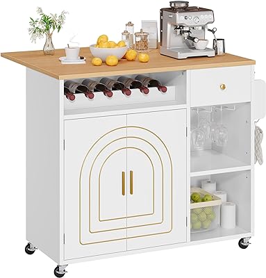 YITAHOME Kitchen Island with Folding Drop Leaf, Rolling Kitchen Cart with 2 Gilded Cabinet Doors, Kitchen Island Cabinet on Wheels with Drawer Open Shelves, Wine Spice Rack & Cup Hanging, White & Oak
