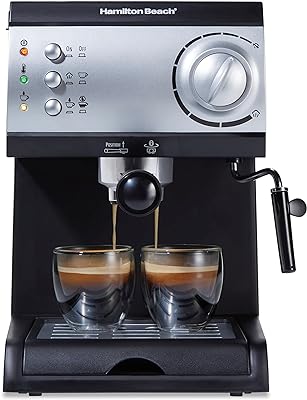 Hamilton Beach 15 Bar Espresso Machine, Cappuccino, Mocha, & Latte Maker, with Milk Frother, Make 2 Cups Simultaneously, Works with Pods or Ground Coffee, 50 oz. Water Reservoir, Black