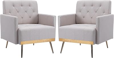 GOOLON Linen Accent Chairs Set of 2, Upholstered Tufted Living Room Chairs with Large Wide Back & Seat, Gold Metal Legs, Comfy Single Sofa Armchair Club Slipper Chair for Bedroom Home Office, Beige