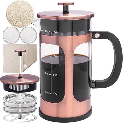 ADAMITA French Press Coffee Maker 8 cups 34 oz 304 Stainless Steel Coffee Press with 4 Filter Screens, Easy Clean Heat Resistant Borosilicate Glass - Free 100% BPA… (Copper-NRA1-S, 34oz)