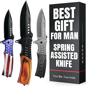 Image of Spring Assisted Knife - 3.66" Sharp Blade - Tactical Pocket Knife for Men with Wood Handle Glass Breaker & Clip - Best Folding Knives for EDC Camping Survival for Dad Husband - Father Day Gifts 0207