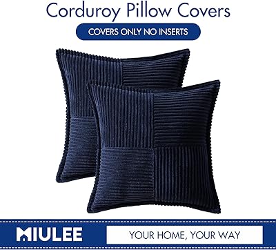MIULEE Navy Blue Corduroy Pillow Covers with Splicing Set of 2 Super Soft Boho Striped Pillow Covers Broadside Decorative Textured Throw Pillows for Couch Cushion Bed Livingroom 18 x 18 inch