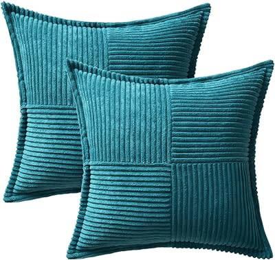 MIULEE Teal Blue Corduroy Pillow Covers 18x18 Inch with Splicing Set of 2 Super Soft Boho Striped Pillow Covers Broadside Decorative Textured Throw Pillows for Spring Couch Cushion Bed Livingroom