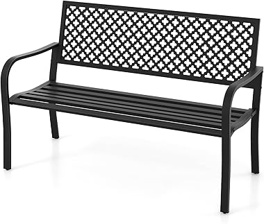 COSTWAY Garden Bench, 2-Person Heavy Duty Metal Frame Loveseat Park Bench, Outdoor Furniture Leisure Seating Patio Chair for 