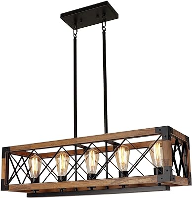 Giluta Rectangle Wood Chandelier Farmhouse Style Dining Room Kitchen Lighting Fixtures, 5 Lights Ceiling Hanging Pendant Lighting UL Listed
