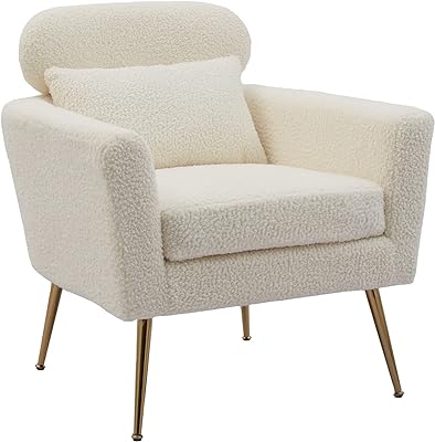 Pvillez Accent Chairs, Modern Living Room Chair, Mid Century Armchair, Upholstered Reading Lounge Club Chair Single Sofa with Gold Metal Leg and Throw Pillow for Bedroom Office