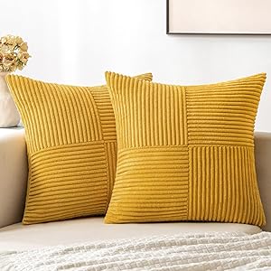 MIULEE Mustard Yellow Corduroy Pillow Covers Pack of 2 Boho Decorative Spliced Throw Pillow Covers Soft Solid Couch Pillowcases Cross Patchwork Textured Covers for Living Room Bed Sofa 18x18 inch